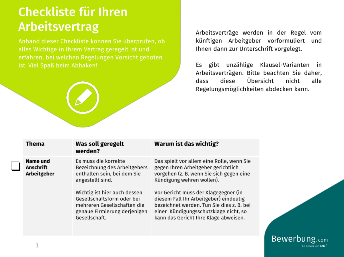 Checkliste: Arbeitsvertrag