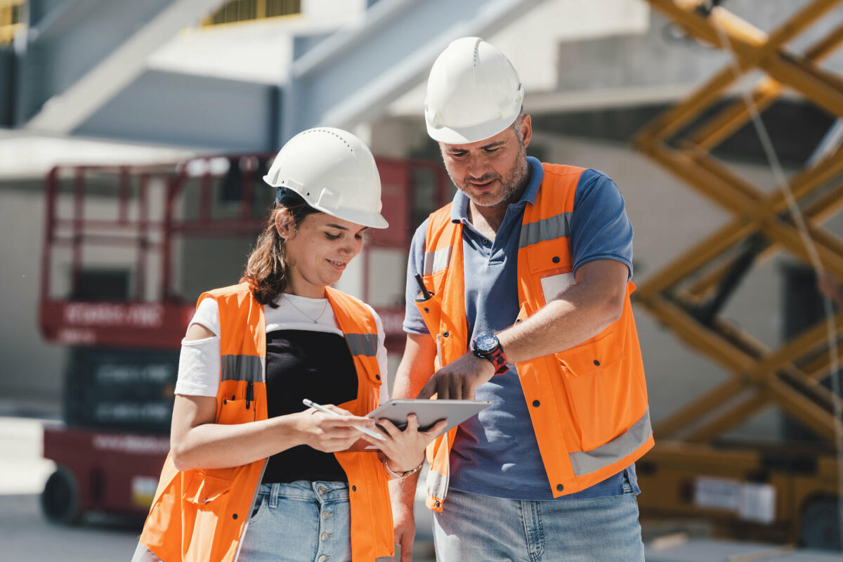 Bauingenieure überprüfen Arbeiten projektgerecht mit digitalem Tablet auf der Baustelle © ilkercelik/ Getty Images