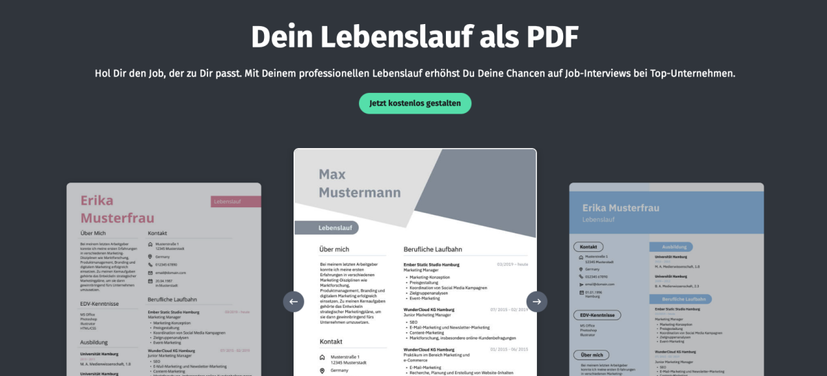 Screenshots der Website Lebenslauf.com