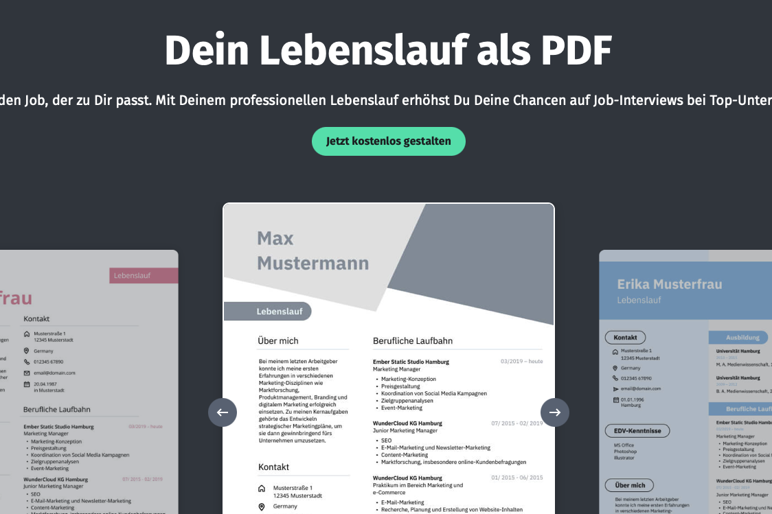 Screenshots der Website Lebenslauf.com