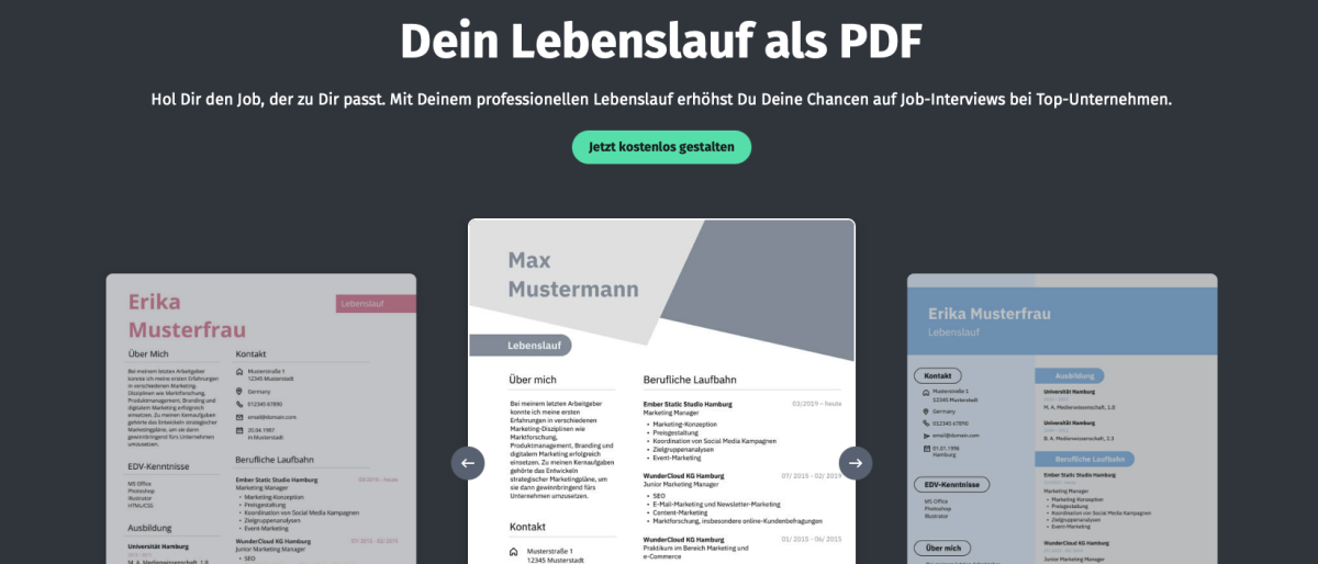 Screenshots der Website Lebenslauf.com