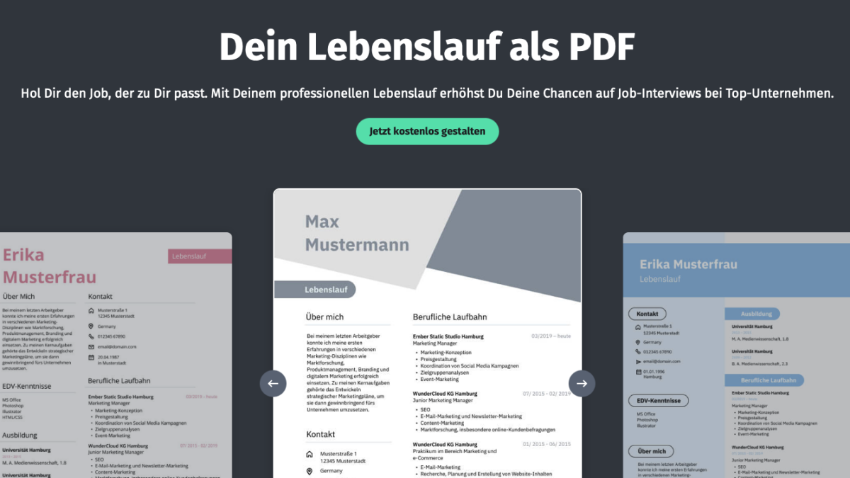 Screenshots der Website Lebenslauf.com