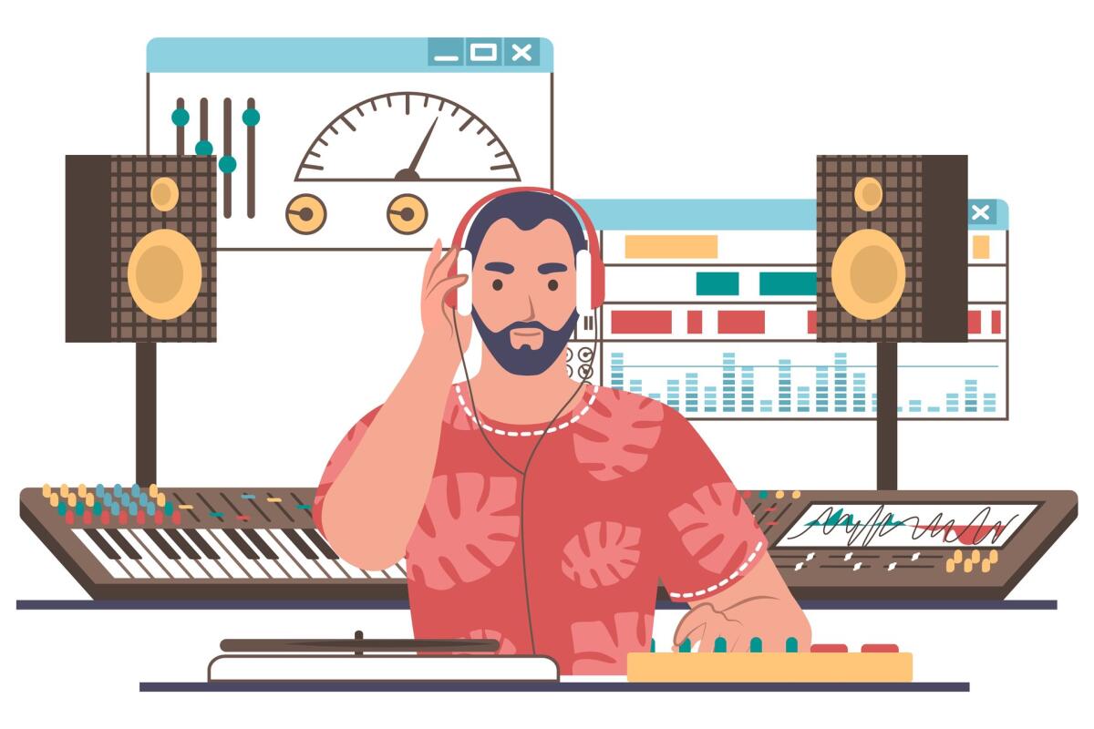 Eine Illustration eines Sound-Designers, der im Tonstudio sitzt. &copy; SiberianArt / Getty Images
