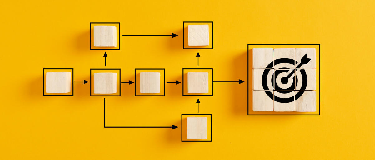 Holzwürfel, die das Arbeitsprozessmanagement und das Zielsymbol auf gelbem Hintergrund darstellen. © cagkansayin / Getty Images