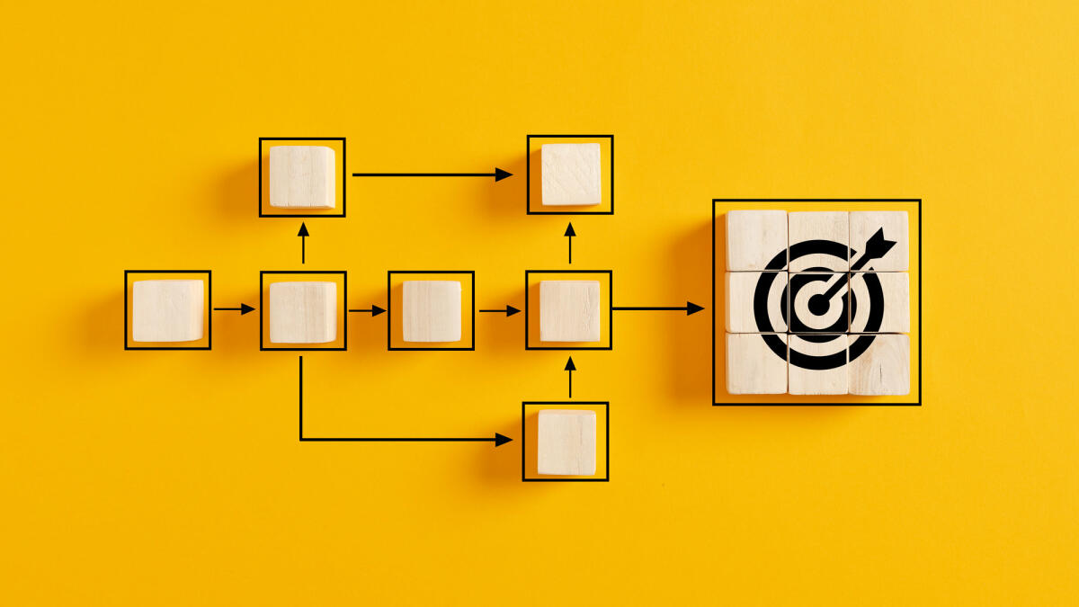 Holzwürfel, die das Arbeitsprozessmanagement und das Zielsymbol auf gelbem Hintergrund darstellen. © cagkansayin / Getty Images