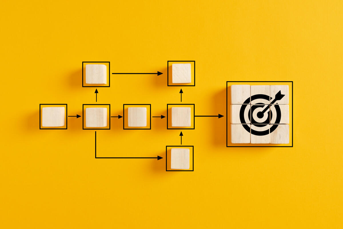 Holzwürfel, die das Arbeitsprozessmanagement und das Zielsymbol auf gelbem Hintergrund darstellen. © cagkansayin / Getty Images