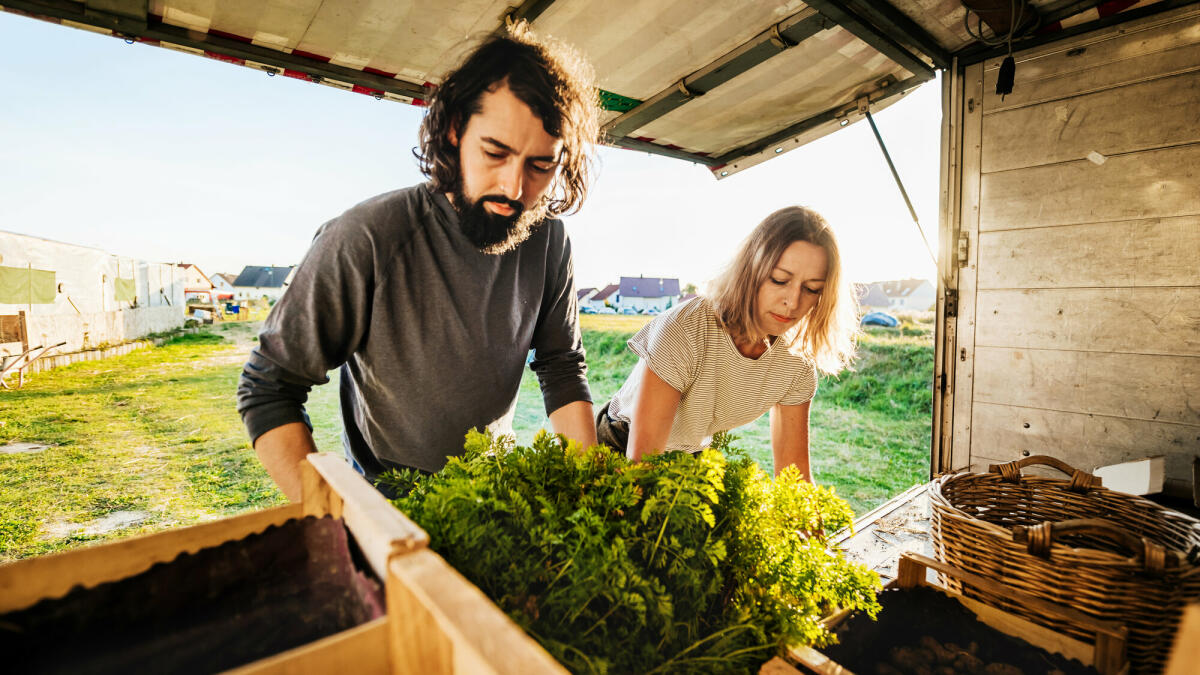 Ein paar städtische Landwirte laden Kisten mit verschiedenen frisch geernteten Waren auf einen Lastwagen und machen sich bereit, sie zum Markt zu bringen. © Getty Images/ 	Tom Werner